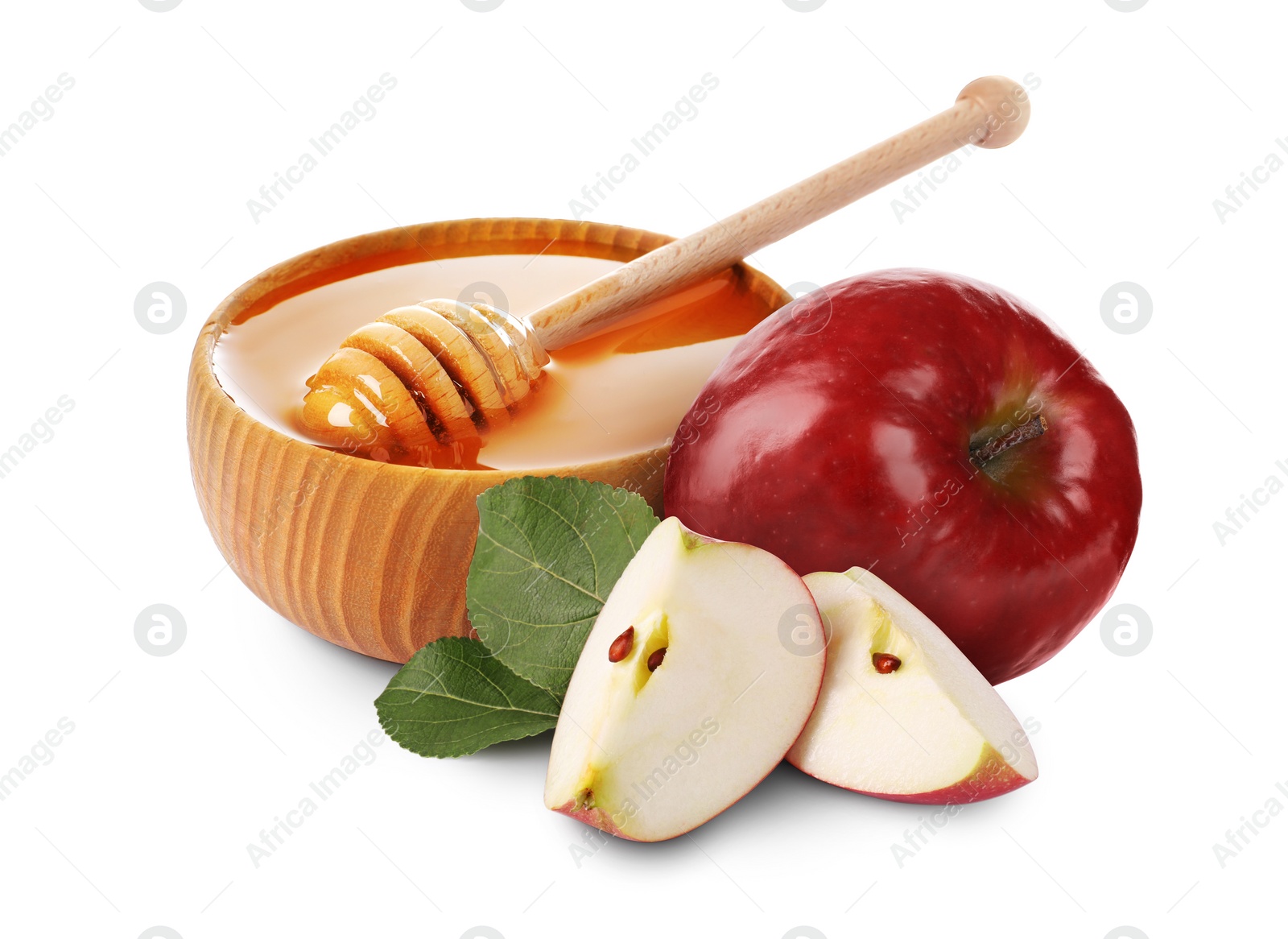 Image of Honey in bowl and apples isolated on white