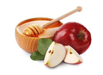 Image of Honey in bowl and apples isolated on white