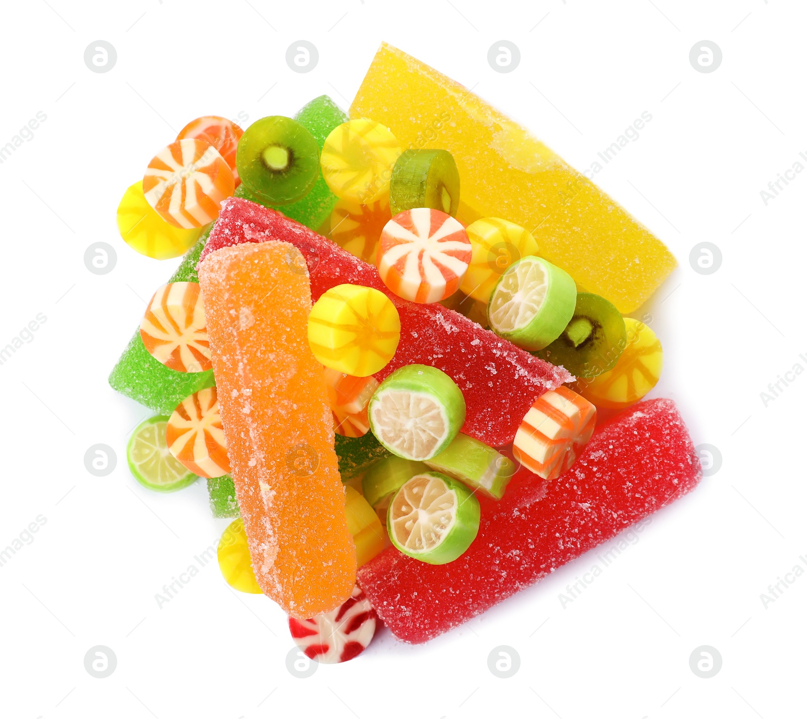 Photo of Pile of delicious colorful chewing candies on white background, top view