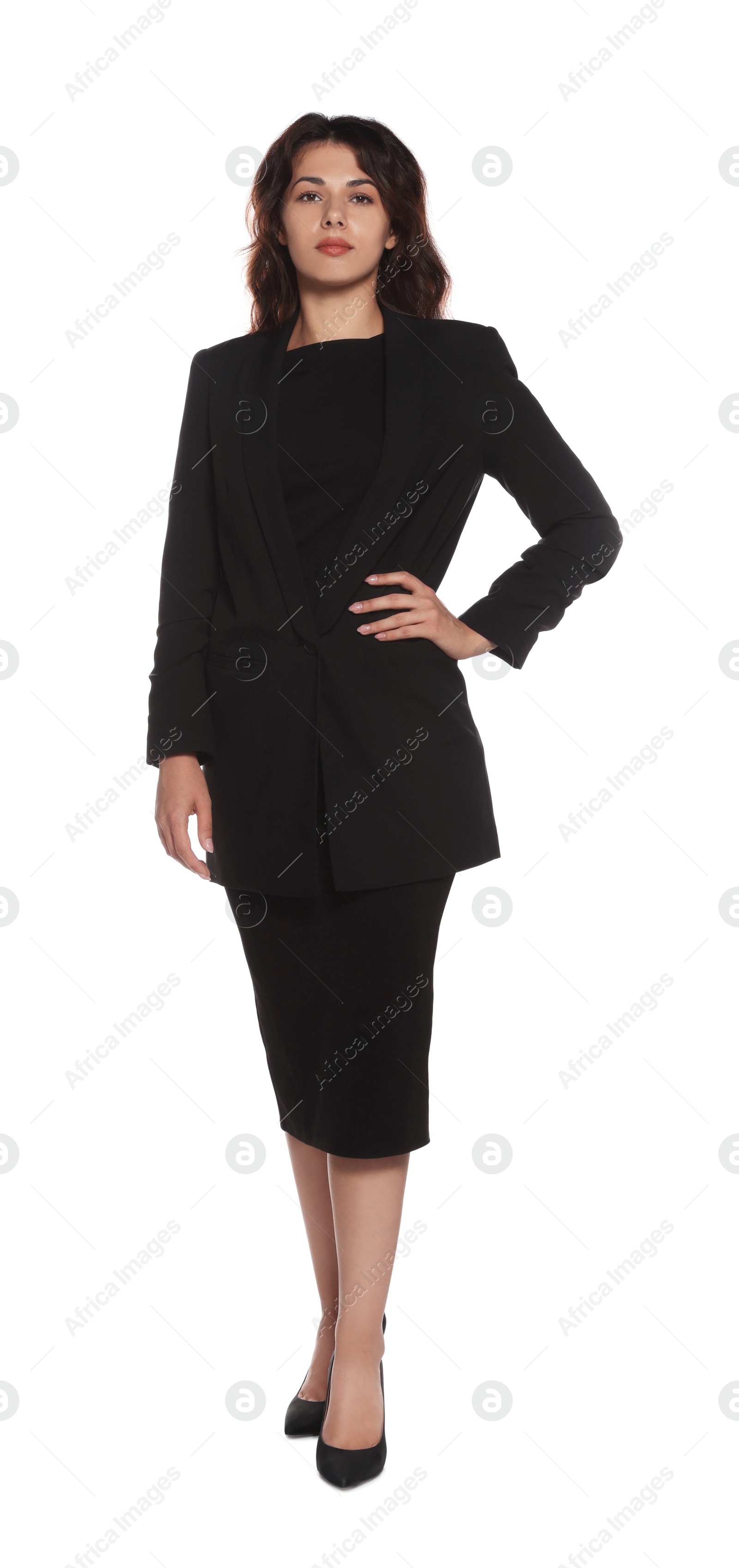 Photo of Full length portrait of hostess in uniform on white background