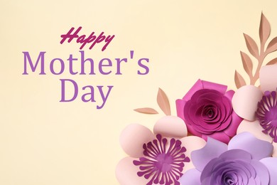 Image of Happy Mother's Day. Different beautiful flowers and branches made of paper on beige background, flat lay