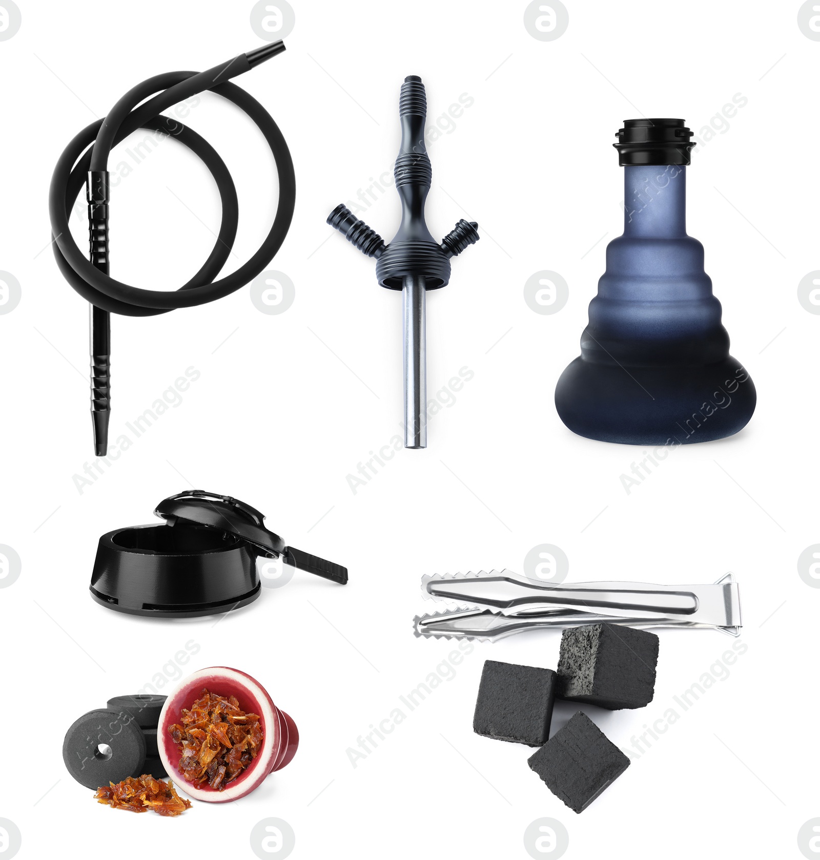 Image of Modern hookah kit on white background, collage