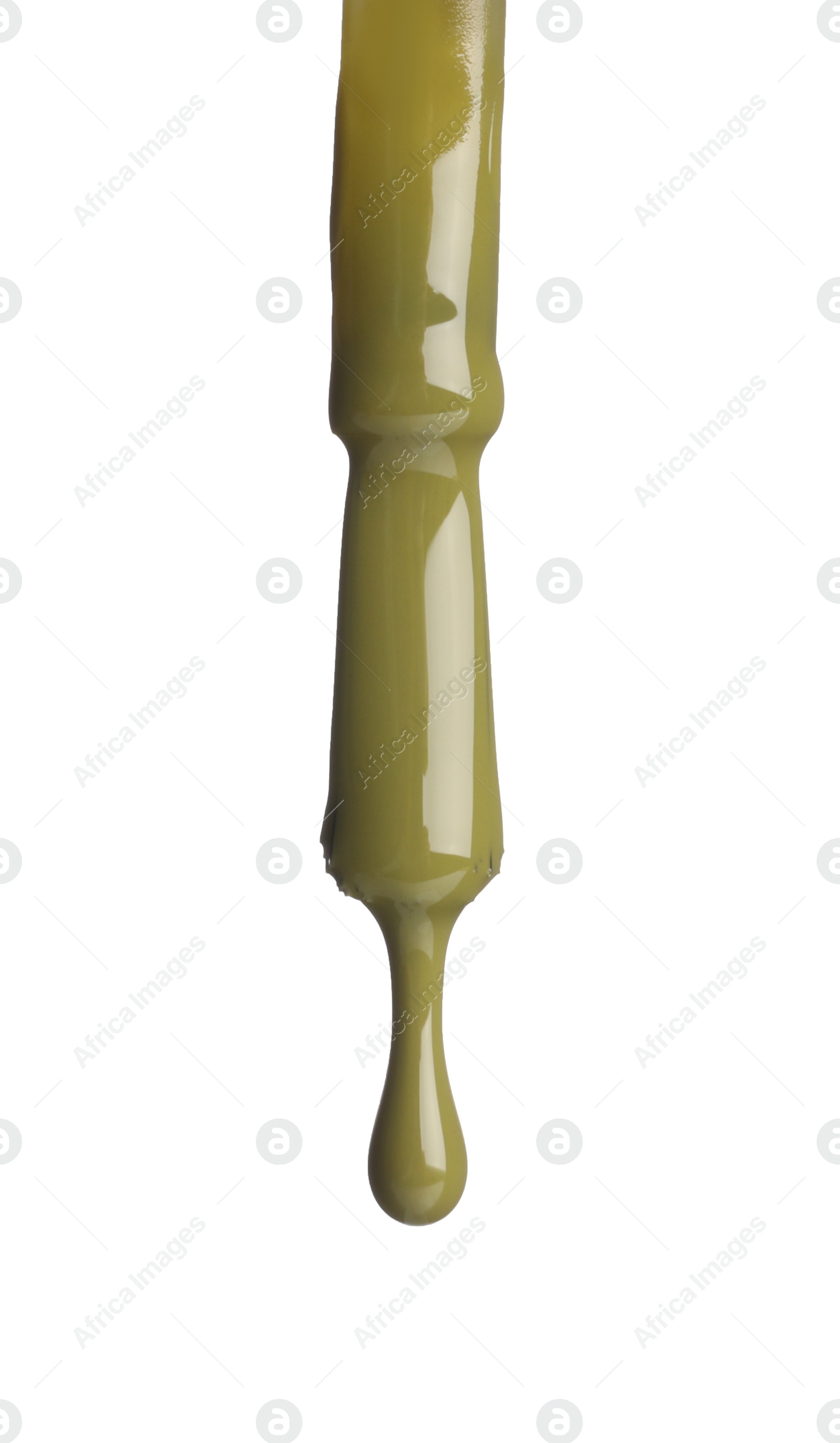 Photo of Olive nail polish dripping from brush isolated on white