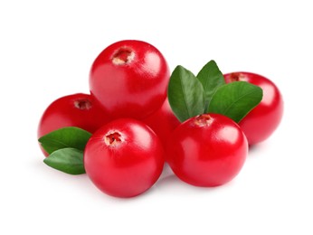 Image of Fresh ripe red cranberries and green leaves on white background