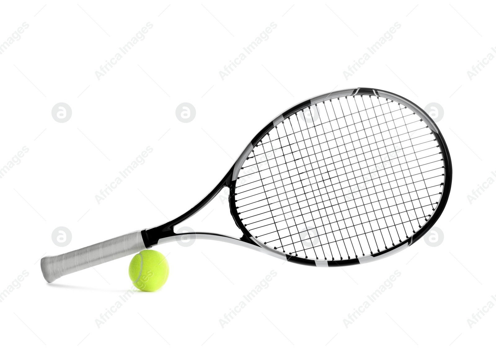 Photo of Tennis racket and ball on white background. Sports equipment