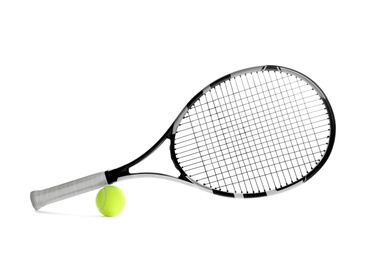 Photo of Tennis racket and ball on white background. Sports equipment