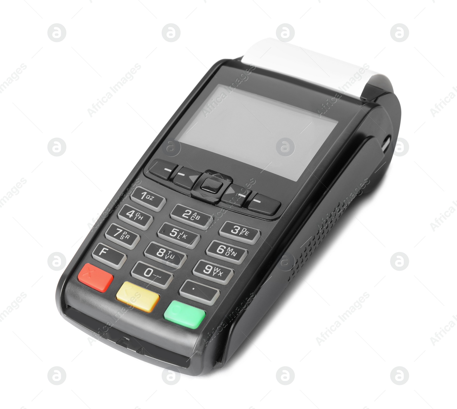 Photo of New modern payment terminal on white background
