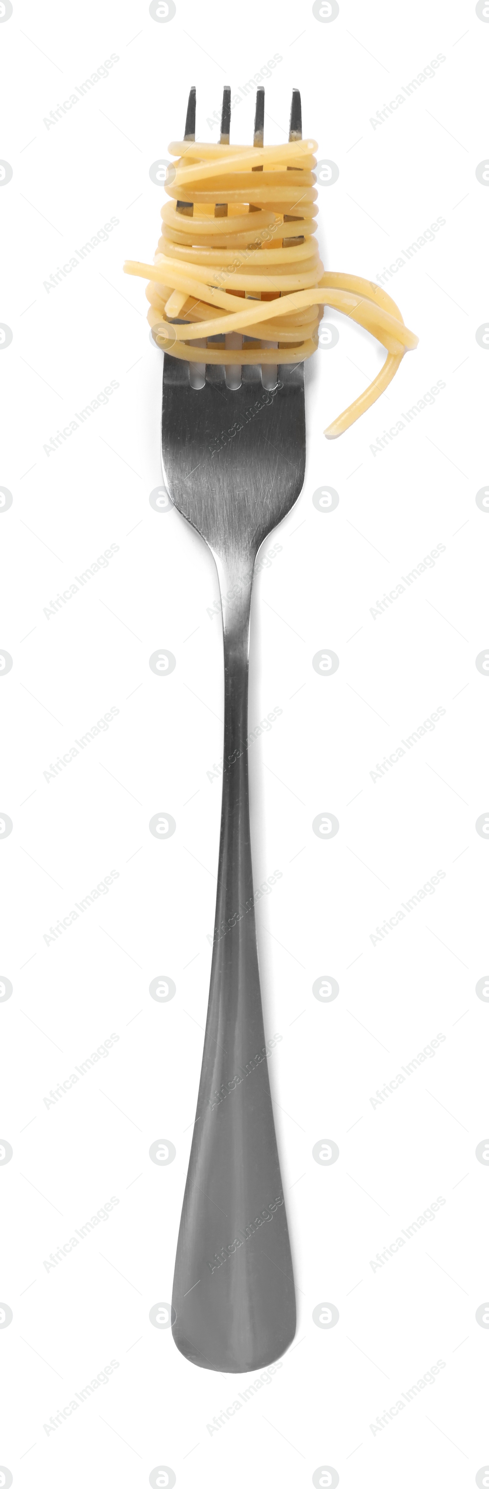 Photo of Fork with tasty pasta isolated on white