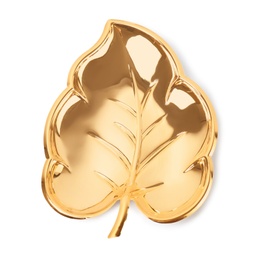 Trendy gold leaf shaped plate on white background, top view