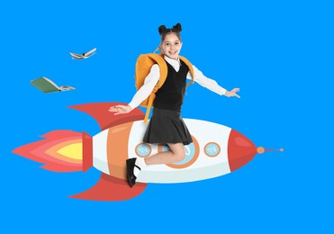 Rocket carrying schoolgirl to kingdom of knowledge. Girl flying against light blue background