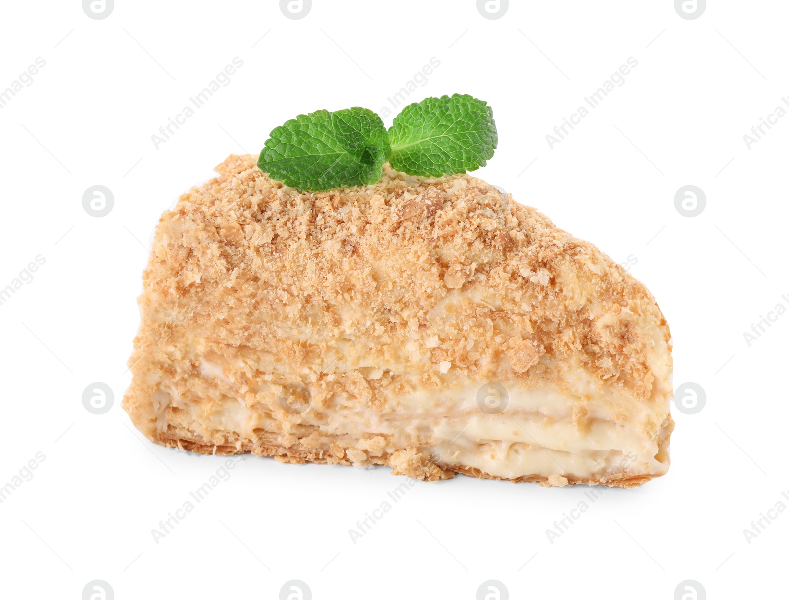 Photo of Piece of delicious Napoleon cake with mint isolated on white