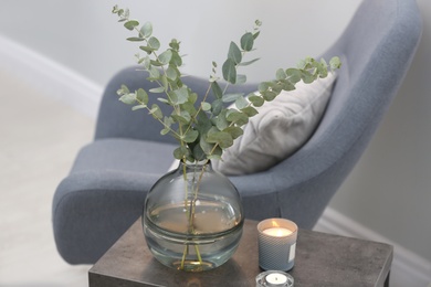 Vase with fresh eucalyptus branches on table in living room. Interior design