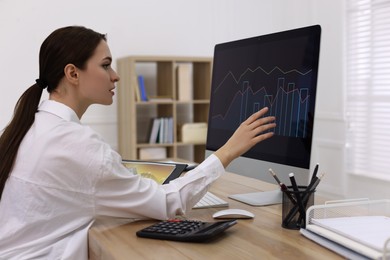 Photo of Businesswoman working with computer in office. Forex trading