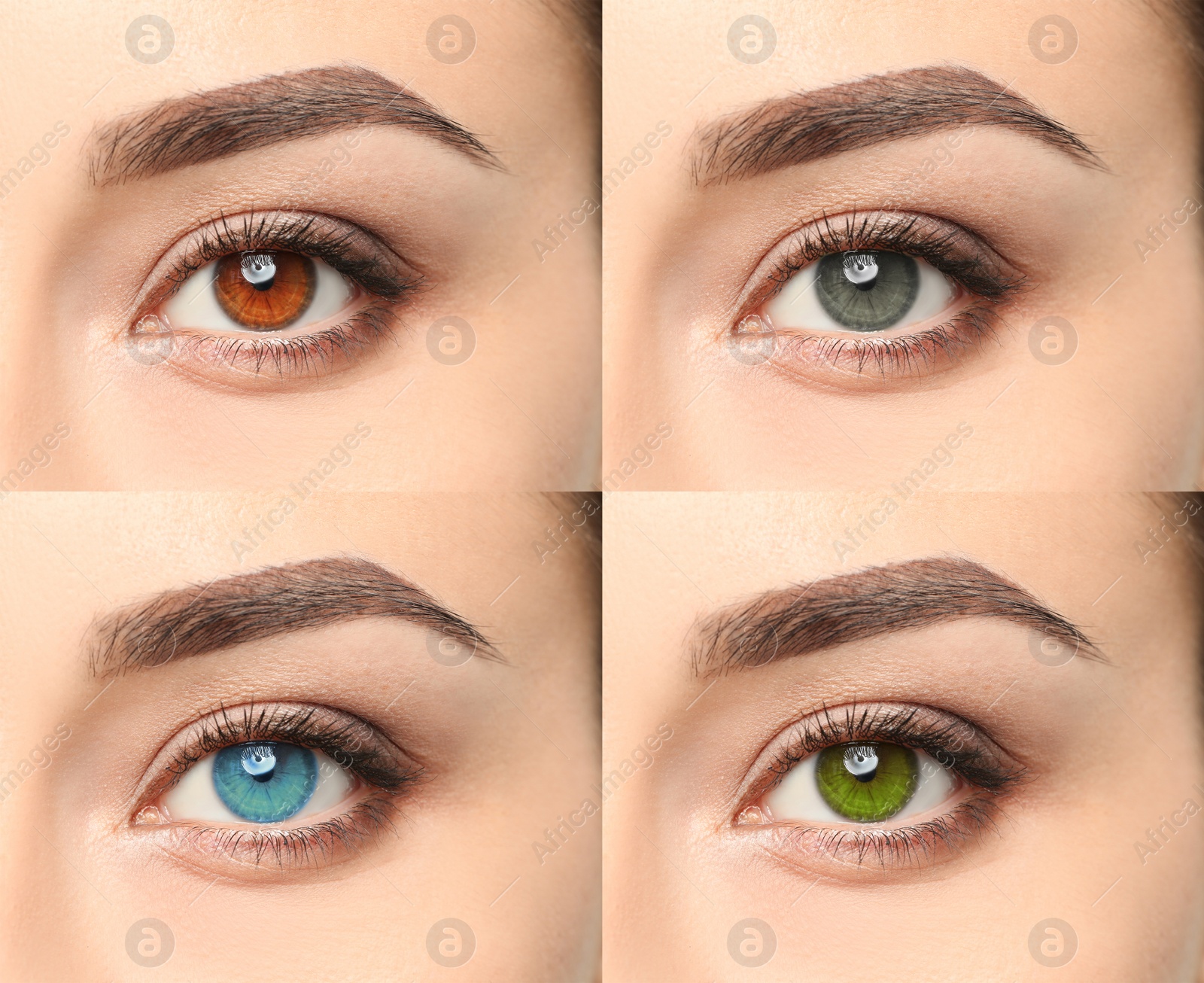 Image of Collage with photos of woman wearing different color contact lenses, closeup