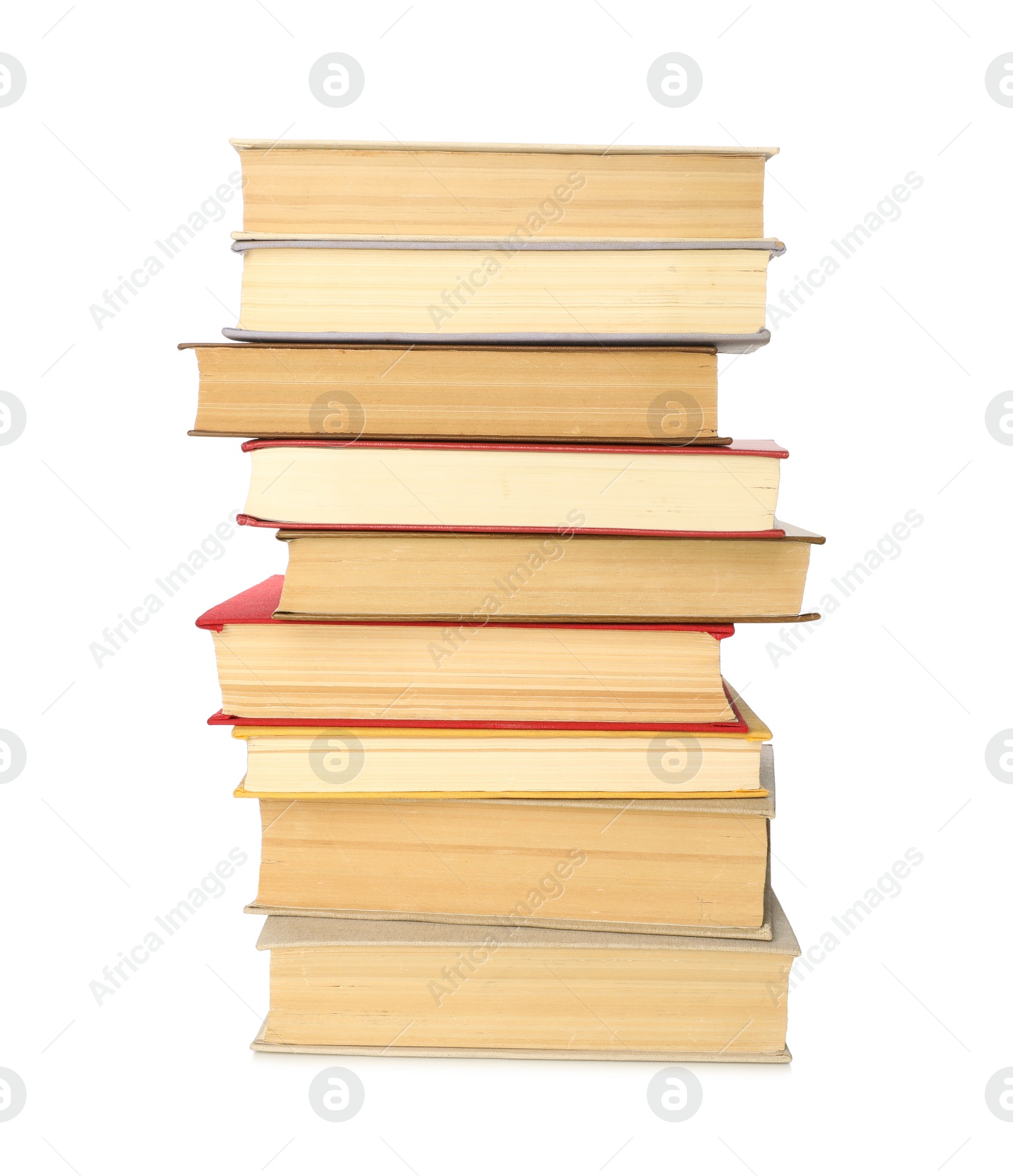 Photo of Stack of library books on white background