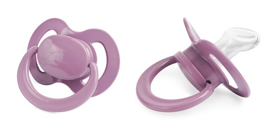 Image of Pale purple baby pacifier on white background, views from different sides