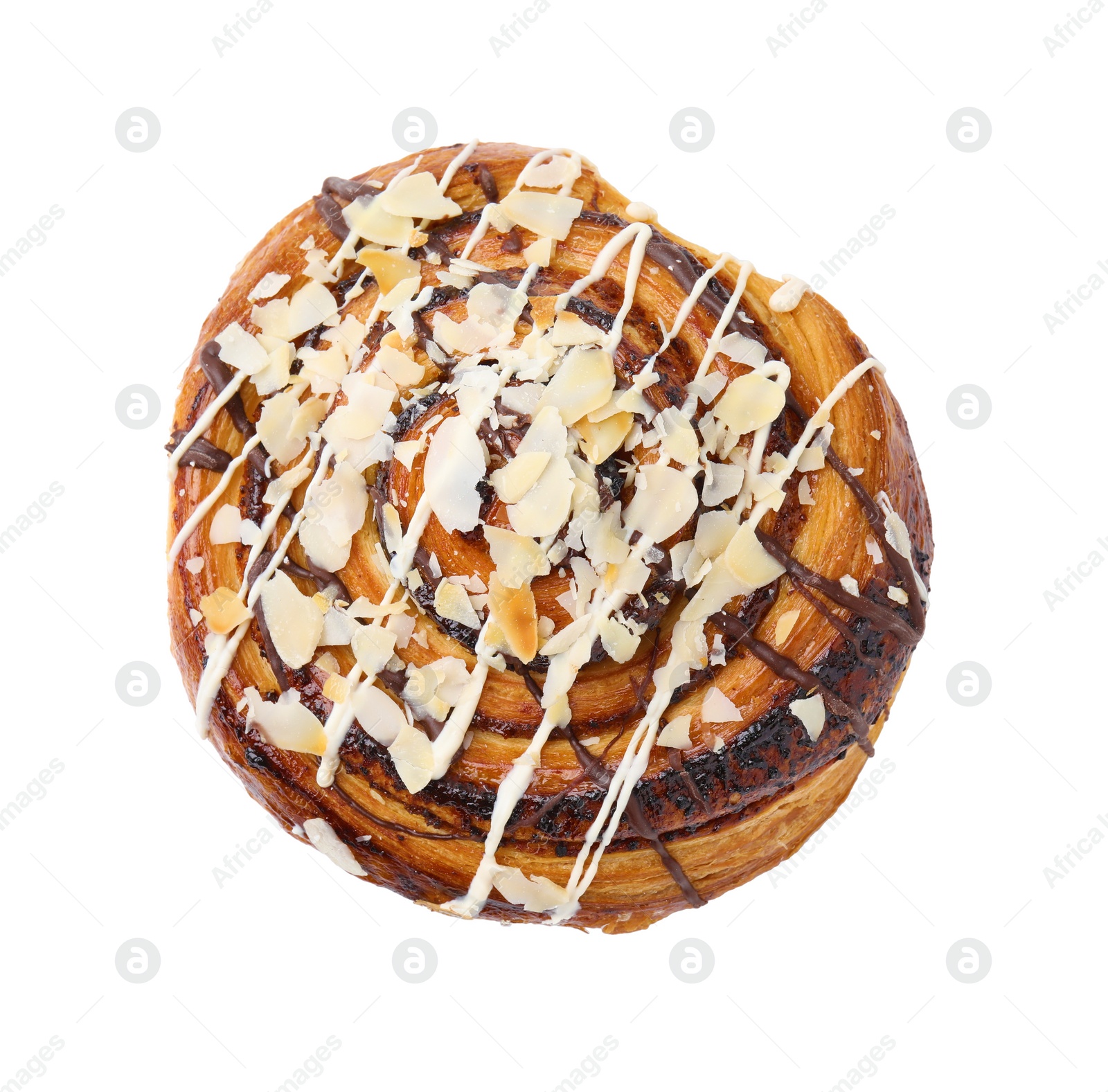 Photo of Delicious roll with almond and toppings isolated on white, top view. Sweet bun