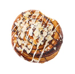 Photo of Delicious roll with almond and toppings isolated on white, top view. Sweet bun