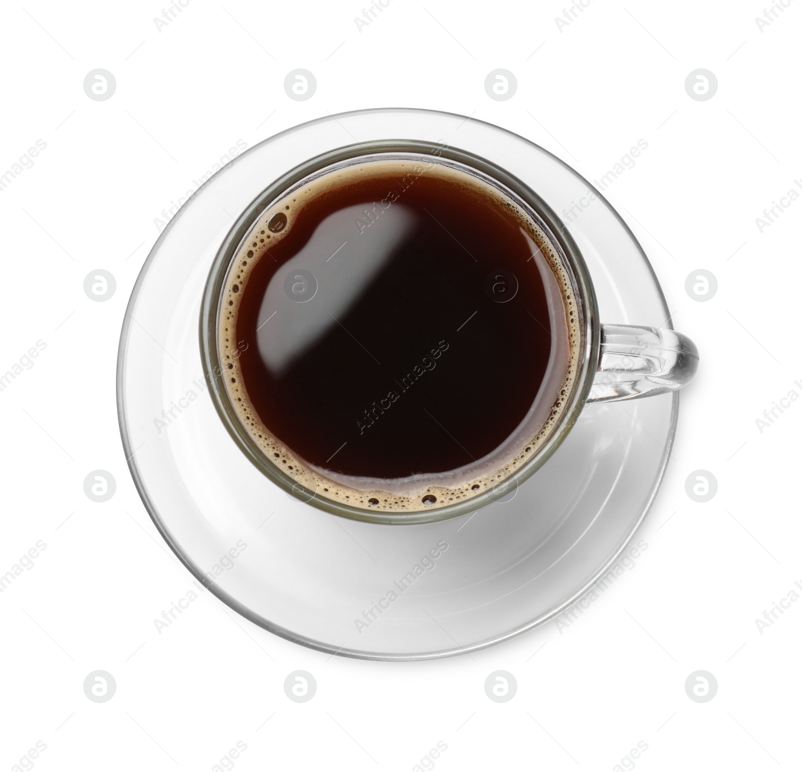 Photo of Aromatic coffee in glass cup isolated on white, top view