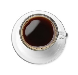 Photo of Aromatic coffee in glass cup isolated on white, top view