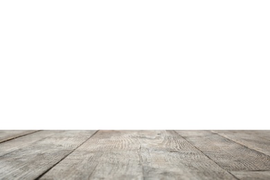 Photo of Empty wooden surface against white background. Mockup for design