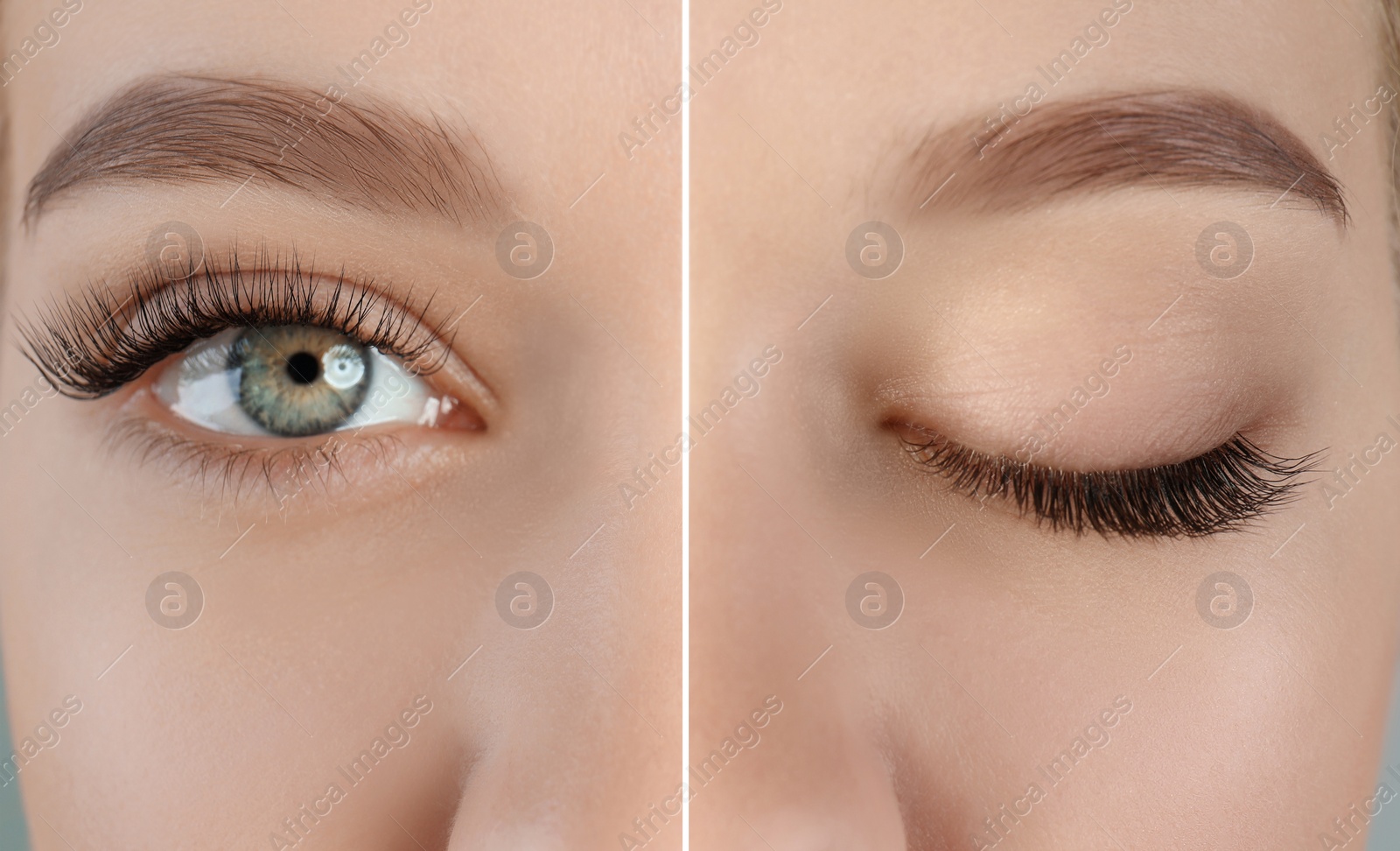 Image of Collage with photos of young woman after eyelash extension procedure, closeup