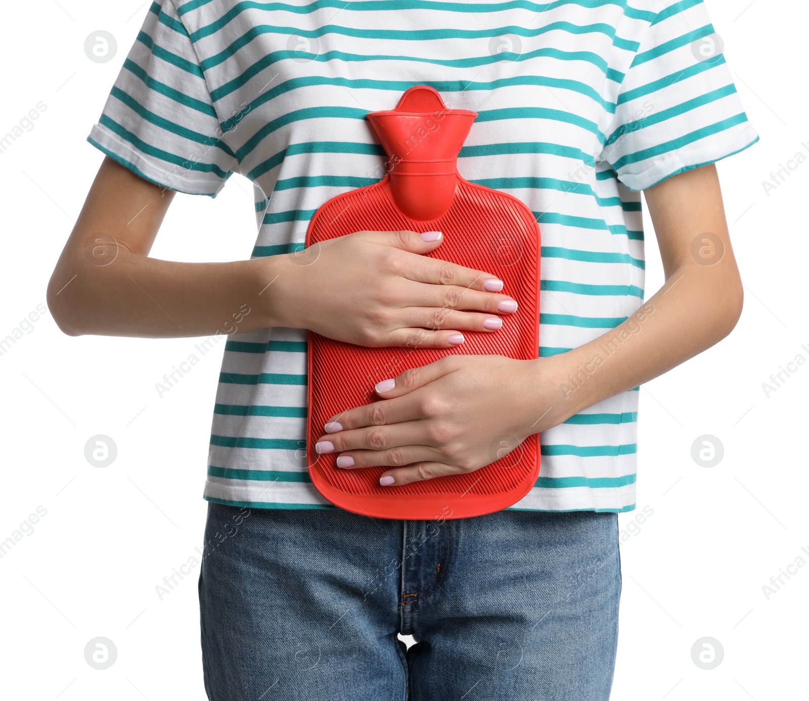 Photo of Woman using hot water bottle to relieve abdominal pain on white background, closeup
