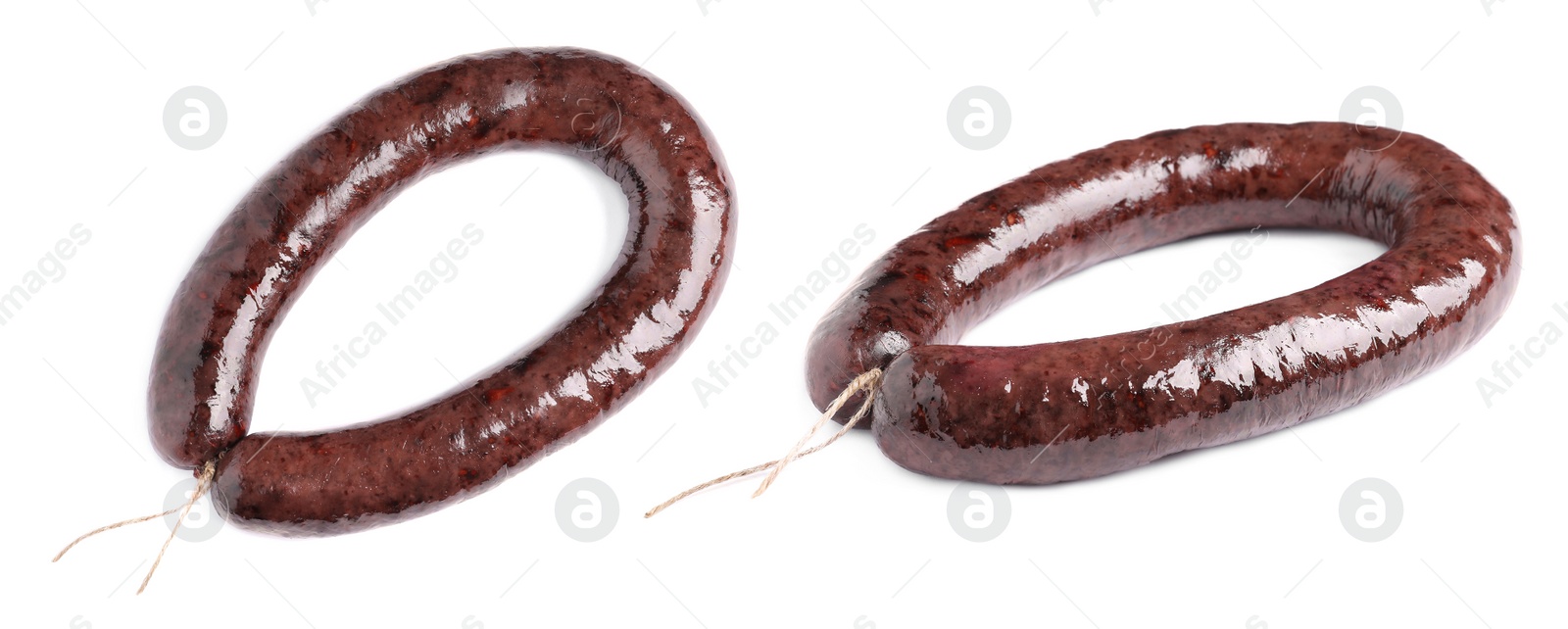 Image of Tasty blood sausages on white background, collage. Banner design