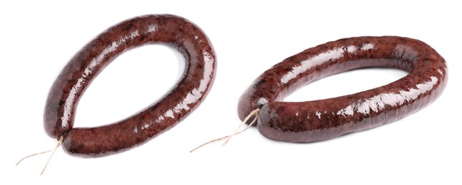 Image of Tasty blood sausages on white background, collage. Banner design