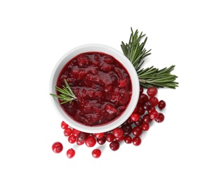 Photo of Bowl of cranberry sauce with rosemary on white background, top view