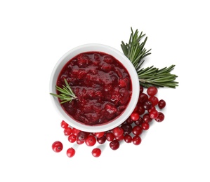 Bowl of cranberry sauce with rosemary on white background, top view