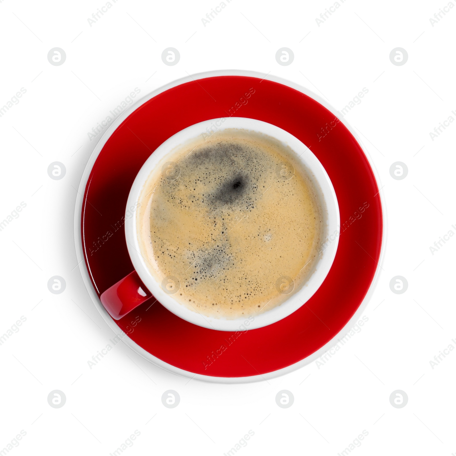 Photo of Red ceramic cup with hot aromatic coffee isolated on white, top view