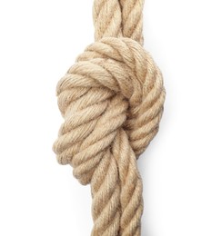Hemp rope with knot isolated on white, top view