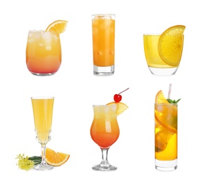 Set with delicious Mimosa cocktails on white background