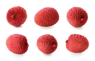 Image of Fresh lychees isolated on white, collection. Tropical fruit