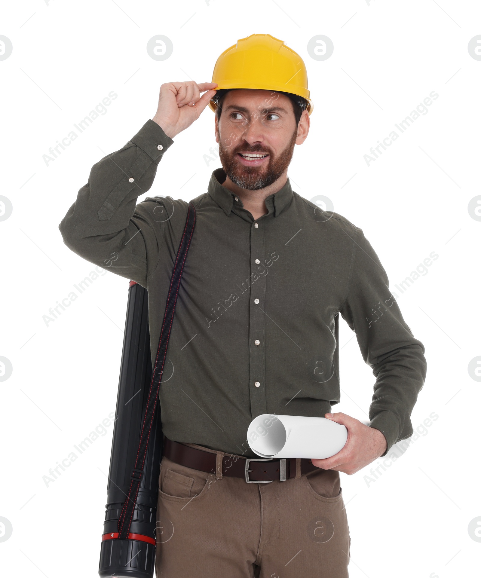 Photo of Architect in hard hat with drawing tube and draft on white background