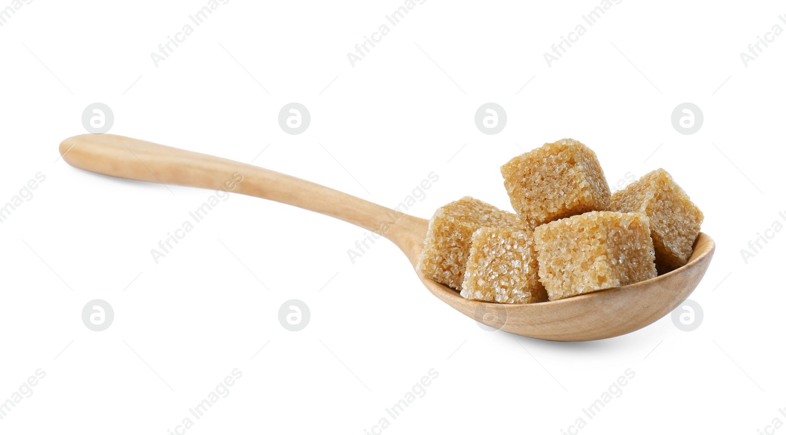 Photo of Brown sugar cubes in wooden spoon isolated on white