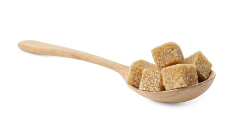 Photo of Brown sugar cubes in wooden spoon isolated on white