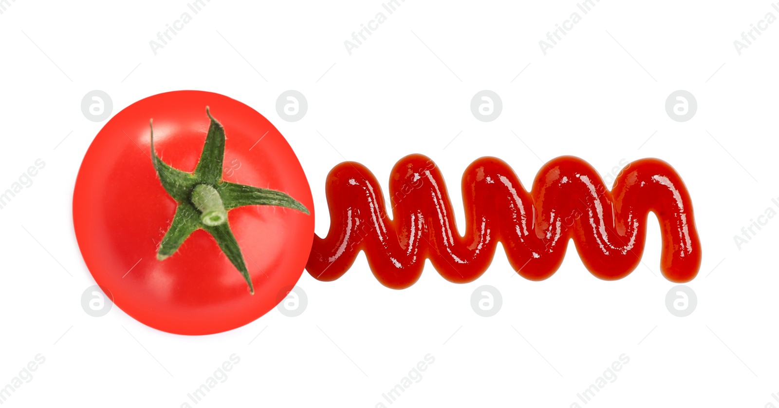 Image of Fresh tomato and organic ketchup on white background, top view