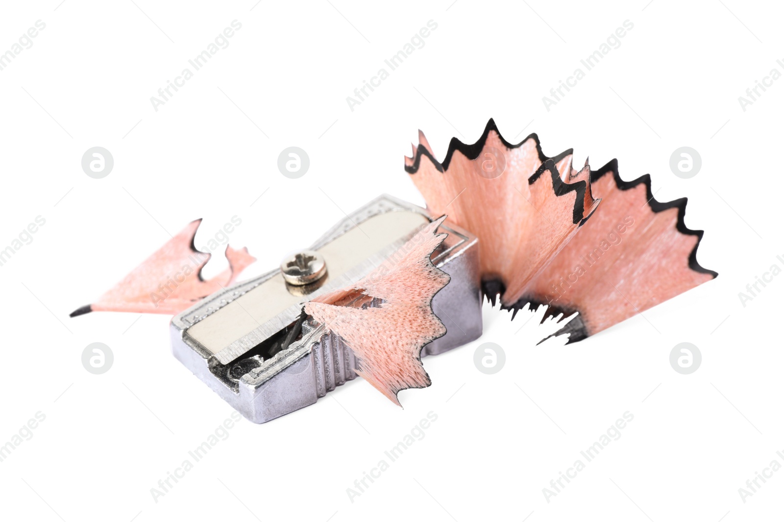 Photo of Metal sharpener with pencil shavings on white background