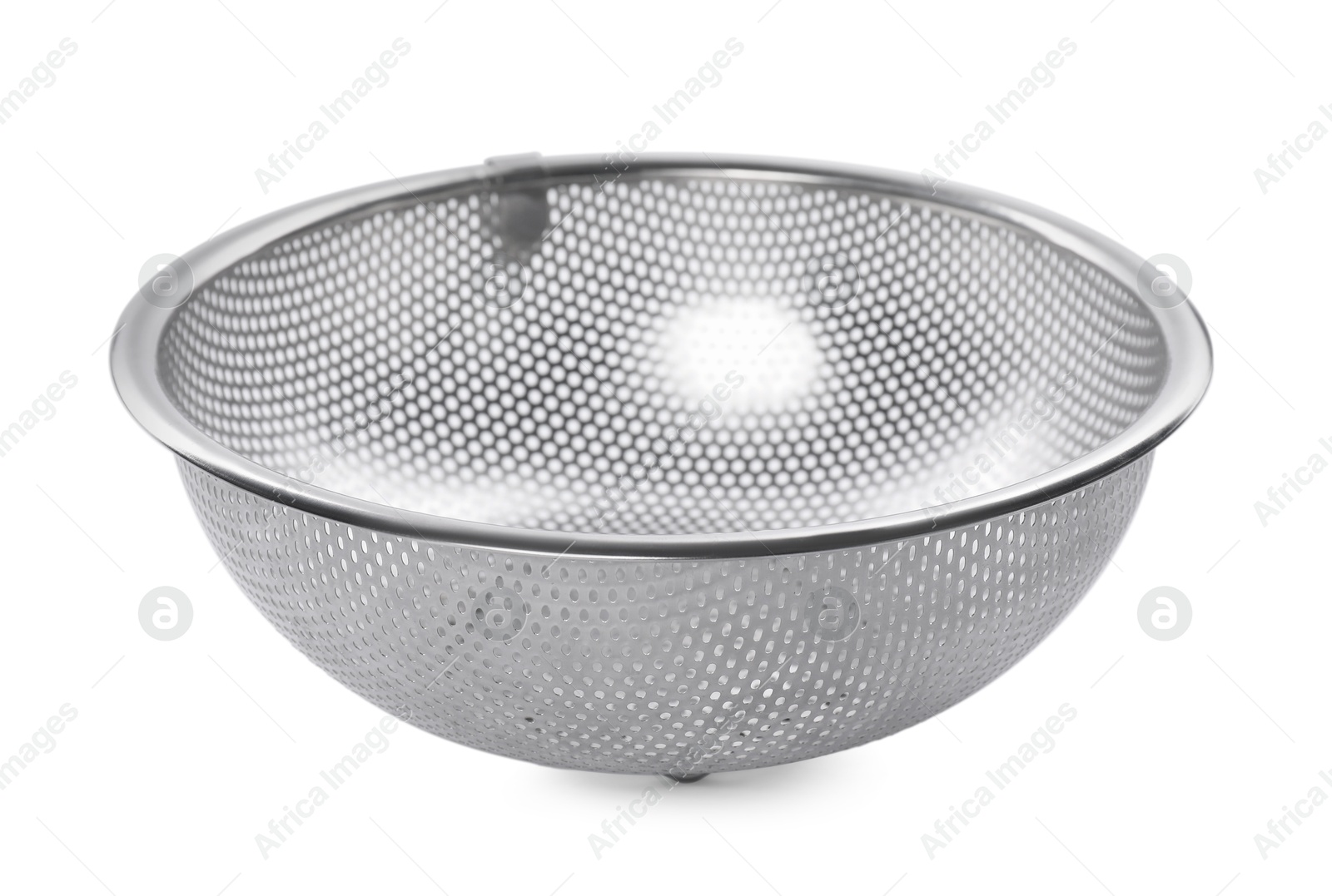 Photo of One metal sieve isolated on white. Cooking utensil