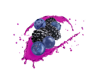 Image of Delicious ripe berries and splashes of juice on white background