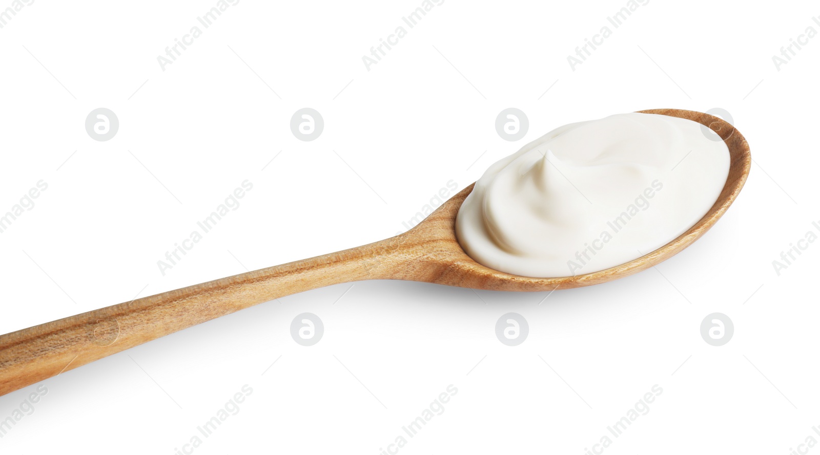 Photo of One wooden spoon with mayonnaise isolated on white