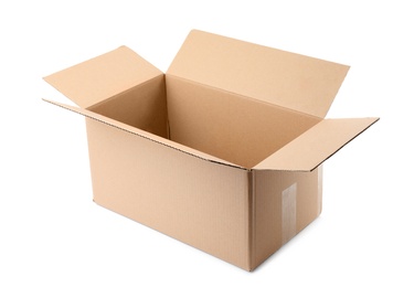 Open cardboard box on white background. Mockup for design