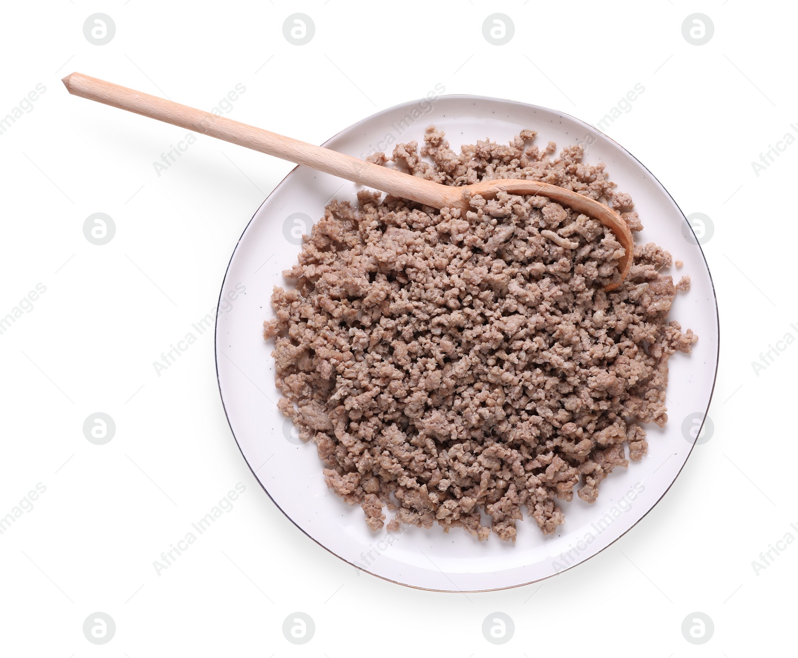 Photo of Plate of fried minced meat on white background, top view