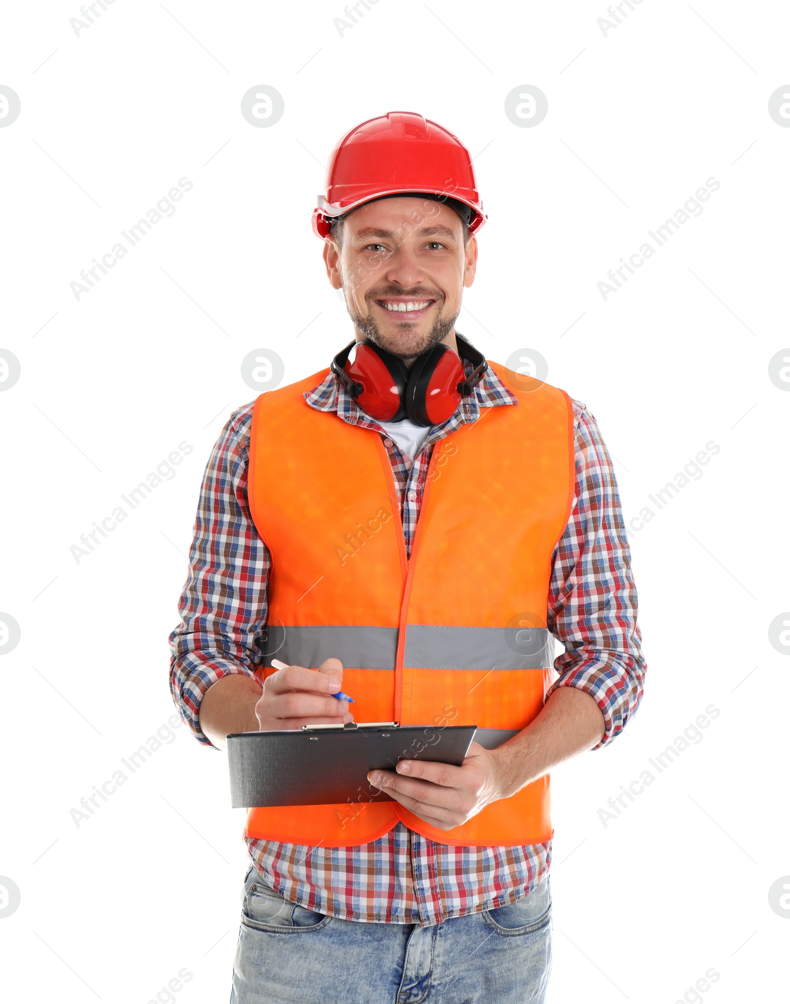 Photo of Male industrial engineer in uniform with clipboard on white background. Safety equipment