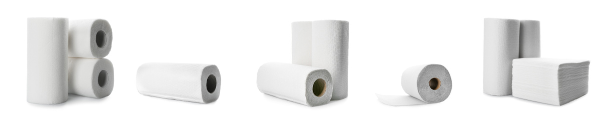 Set with rolls of paper tissues isolated on white, banner design 