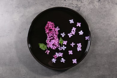 Photo of Tray with water and beautiful lilac flowers on grey table, top view