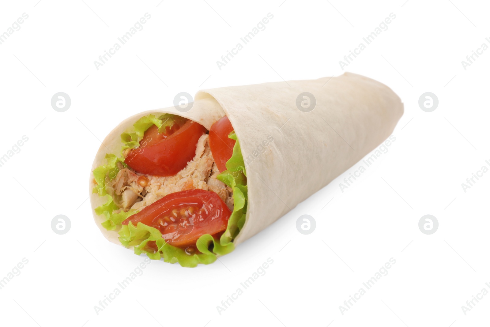 Photo of Delicious tortilla wrap with tuna isolated on white