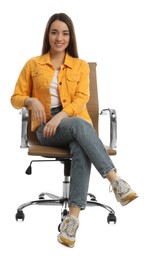 Photo of Young woman sitting in comfortable office chair on white background